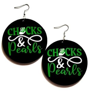 Green CHUCKS and PEARLS Statement Wood Dangle Drop Earrings